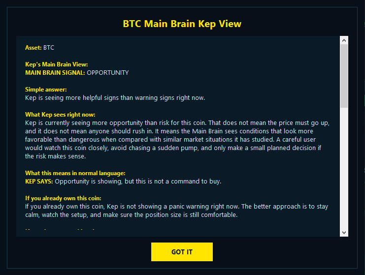 KepAIx coin page showing Main Brain observations for individual crypto assets